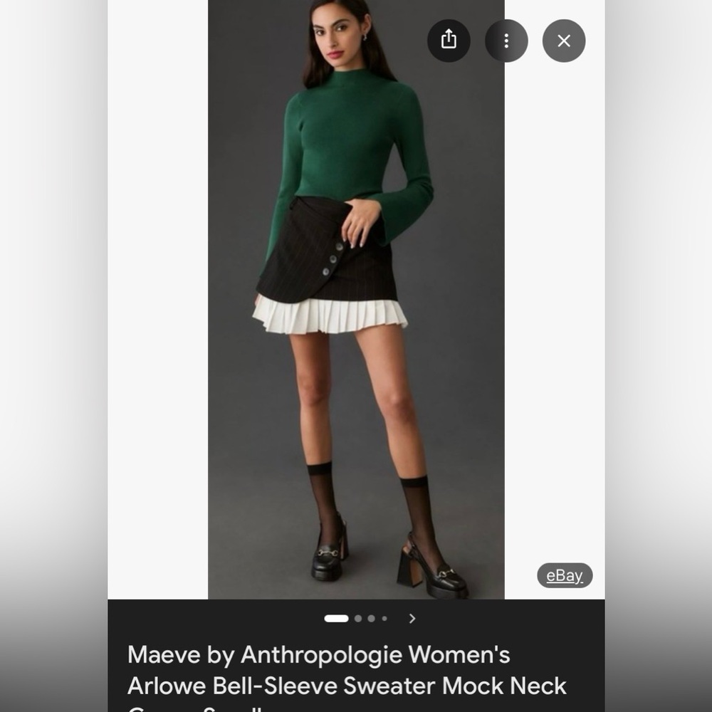 Maeve Anthropologie Green Mock-Neck Bell-Sleeve Sweater